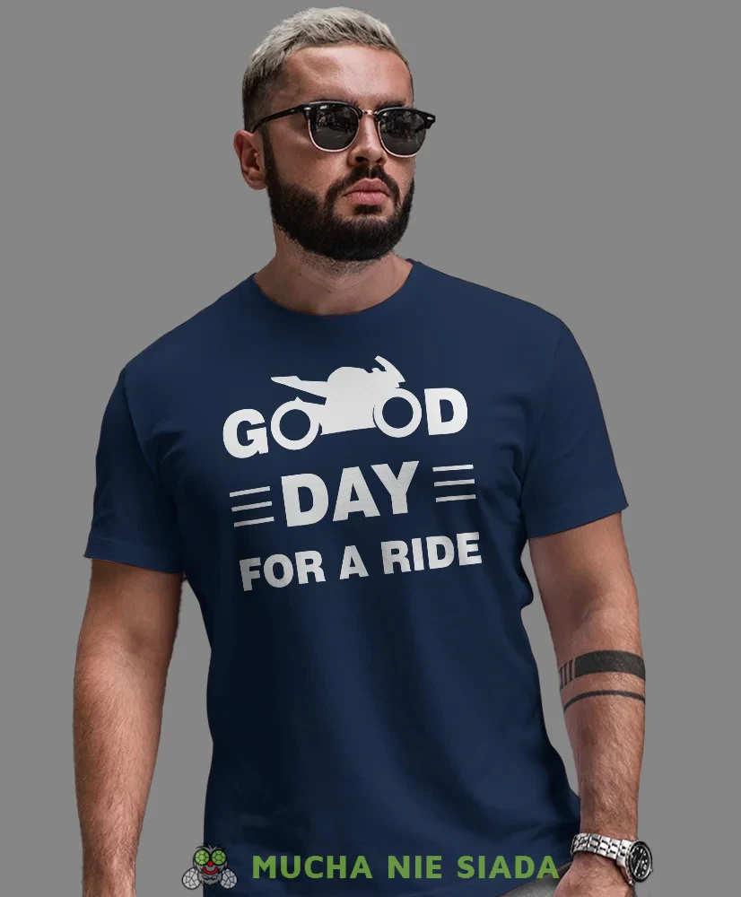Good day for ride, granatowa męska koszulka, koszulka dla motocyklisty, koszulki na motocykl, koszulka na motocykl, męska koszulka na motocykl na prezent dla miłośnika.webp