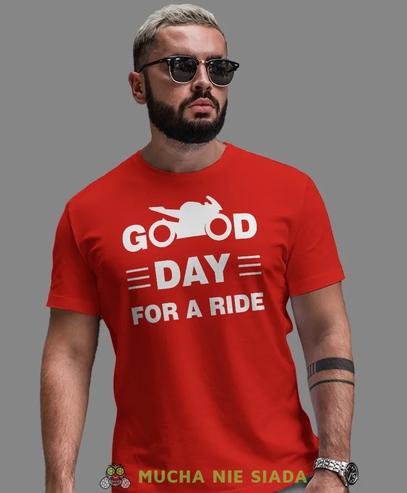 Good day for ride, czerwona męska koszulka, koszulka dla motocyklisty, koszulki na motocykl, koszulka na motocykl, męska koszulka na motocykl na prezent dla miłośnika .webp
