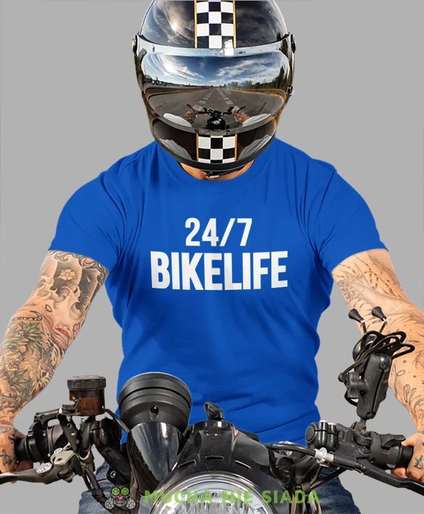 Bikelife, niebieska męska koszulka, koszulka dla motocyklisty, koszulki na motocykl, koszulka na motocykl, męska koszulka na motocykl na prezent dla miłośnika motocykl.webp