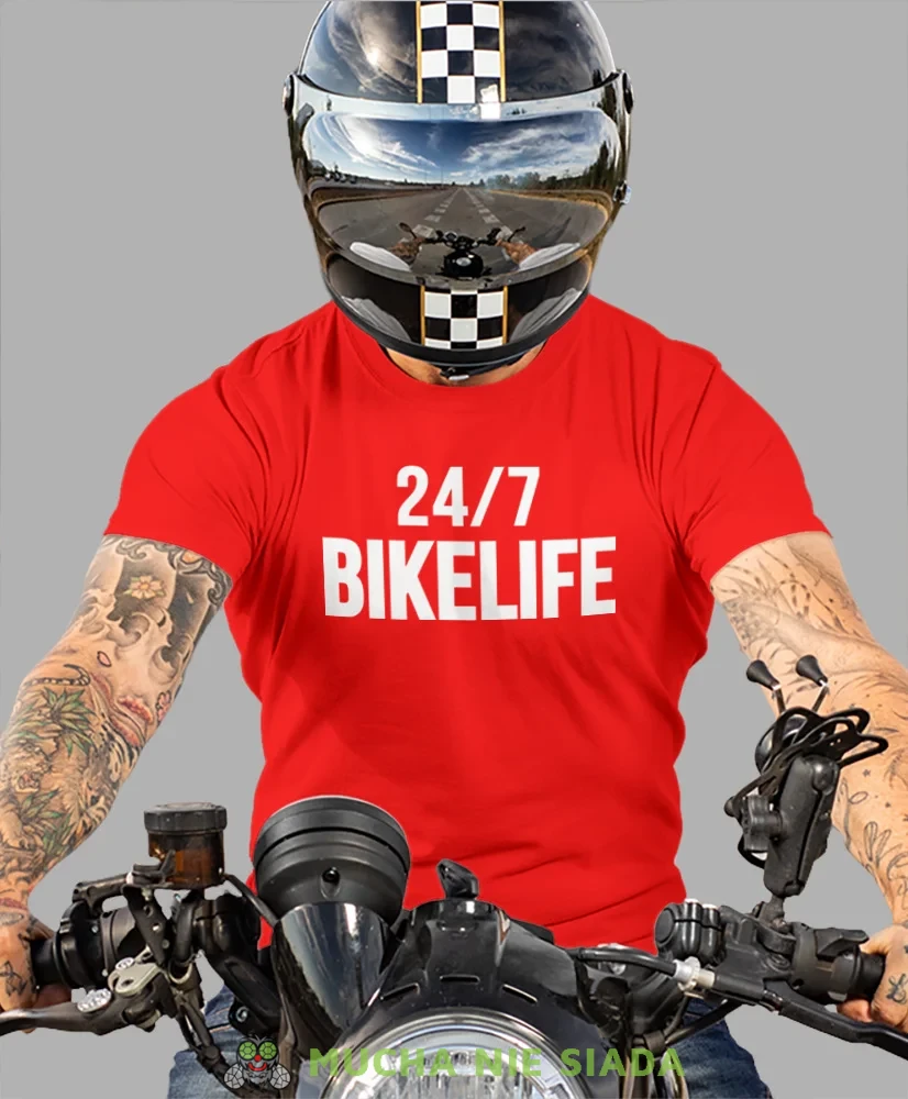 Bikelife, czerwona męska koszulka, koszulka dla motocyklisty, koszulki na motocykl, koszulka na motocykl, męska koszulka na motocykl na prezent dla miłośnika motocykli.webp