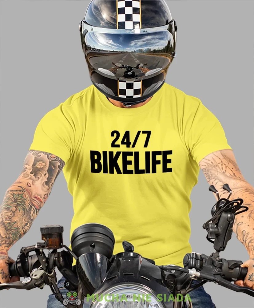 Bikelife, żółta męska koszulka, koszulka dla motocyklisty, koszulki na motocykl, koszulka na motocykl, męska koszulka na motocykl na prezent dla miłośnika motocykli.webp
