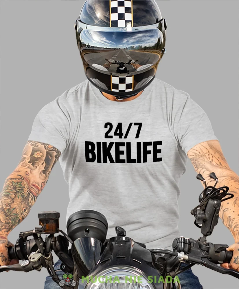 Bikelife, szara męska koszulka, koszulka dla motocyklisty, koszulki na motocykl, koszulka na motocykl, męska koszulka na motocykl na prezent dla miłośnika motocykli.webp
