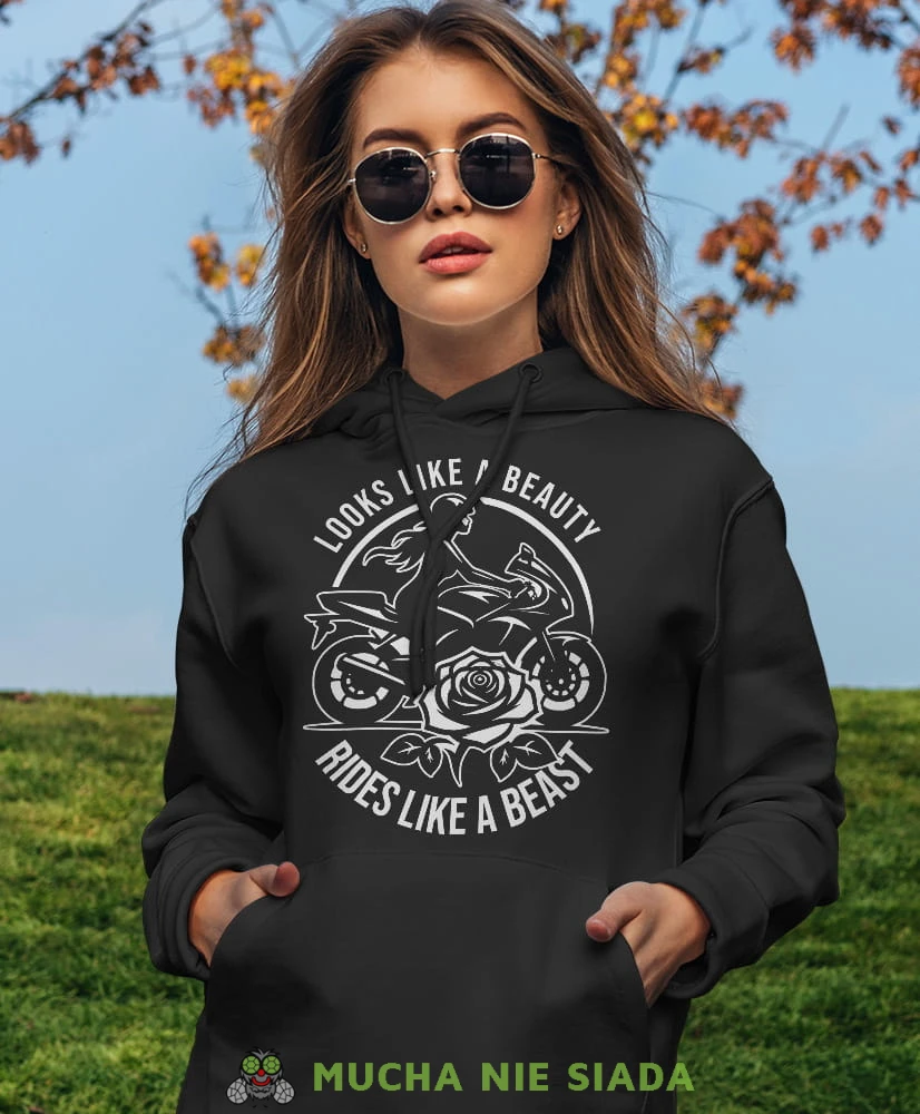 Looks like a beauty rides like a beast, czarna damska bluza z kapturem, bluza dla motocyklistki, bluzy na motocykl, damska bluza na motocykl, dla miłośniczki motocykli.jpg
