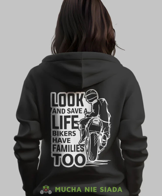 Look and save a life, czarna damska bluza z kapturem, bluza dla motocyklistki, bluzy na motocykl, damska bluza na motocykl, dla miłośniczki motocykli.webp
