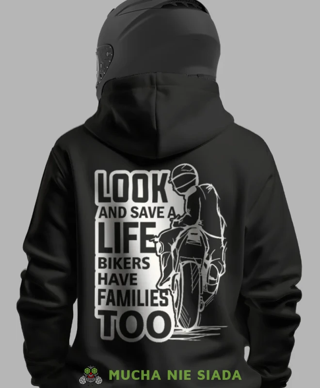Look and save a life, czarna bluza z kapturem, bluza dla motocyklisty, bluzy na motocykl, bluza z kapturem na motocykl, męska bluza na motocykl, dla miłośnika motocykli.webp