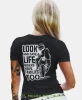 Look and save a life, czarna damska koszulka, koszulka motocyklowa, dla motocyklistki, koszulka na motocykl, dla miłośniczki motocykli, mucha nie siada.webp