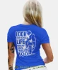 Look and save a life, niebieska damska koszulka, koszulka motocyklowa, dla motocyklistki, koszulka na motocykl, dla miłośniczki motocykli, mucha nie siada.webp