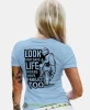 Look and save a life, jasnoniebieska damska koszulka, koszulka motocyklowa, dla motocyklistki, koszulka na motocykl, dla miłośniczki motocykli, mucha nie siada.webp