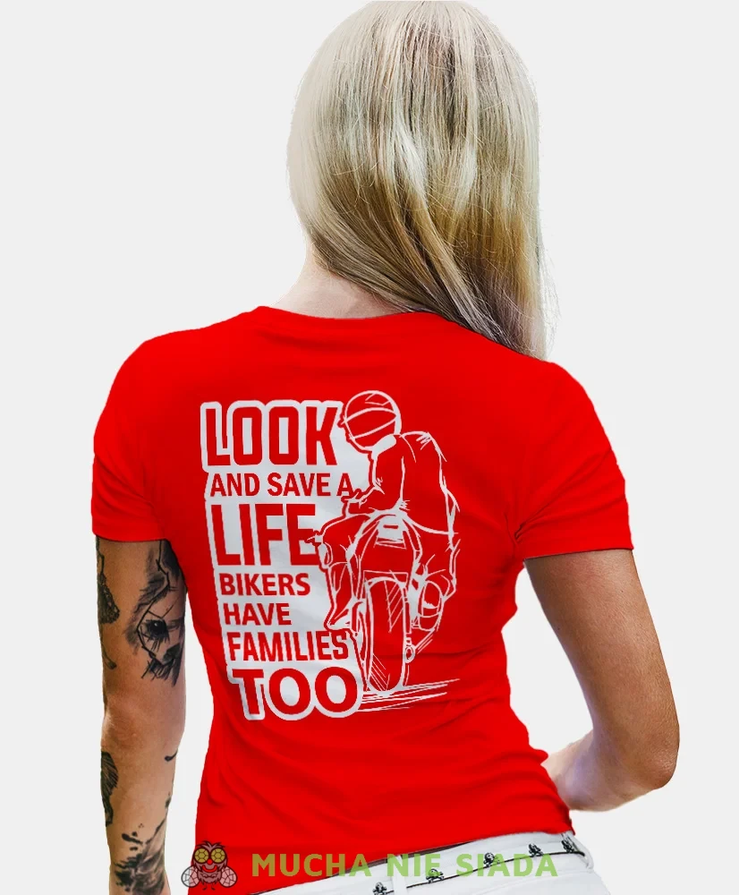 Look and save a life, czerwona damska koszulka, koszulka motocyklowa, dla motocyklistki, koszulka na motocykl, dla miłośniczki motocykli, mucha nie siada.webp