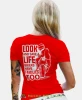 Look and save a life, czerwona damska koszulka, koszulka motocyklowa, dla motocyklistki, koszulka na motocykl, dla miłośniczki motocykli, mucha nie siada.webp