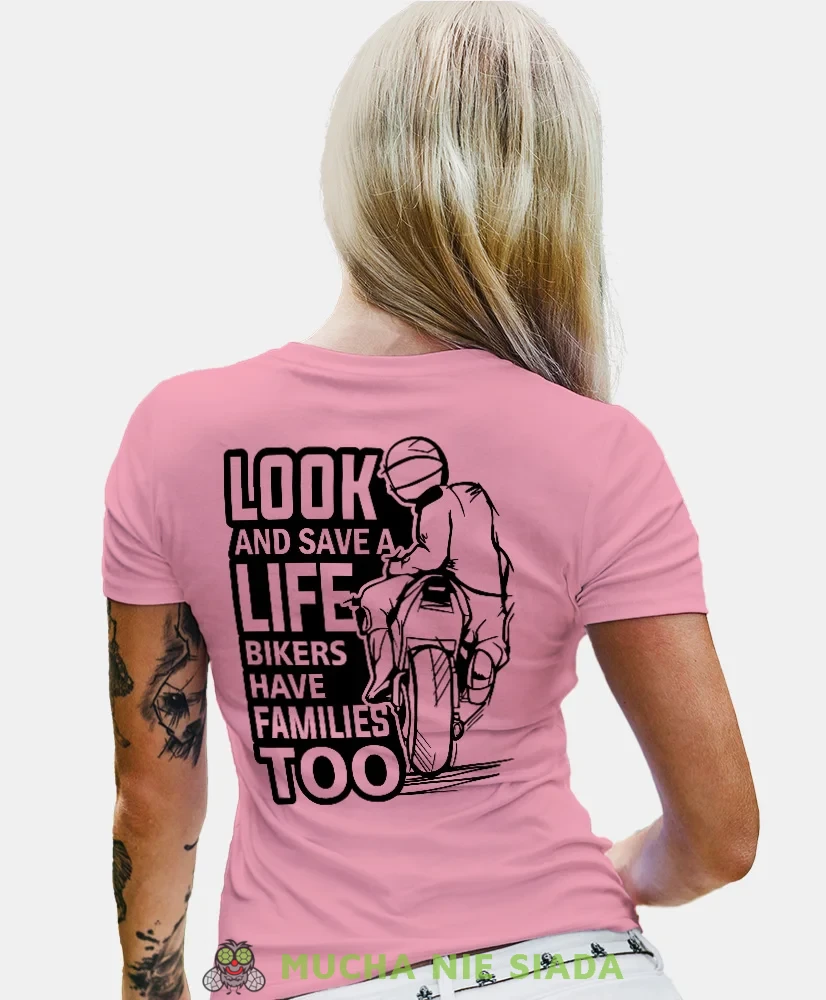 Look and save a life, różowa damska koszulka, koszulka motocyklowa, dla motocyklistki, koszulka na motocykl, dla miłośniczki motocykli, mucha nie siada.webp