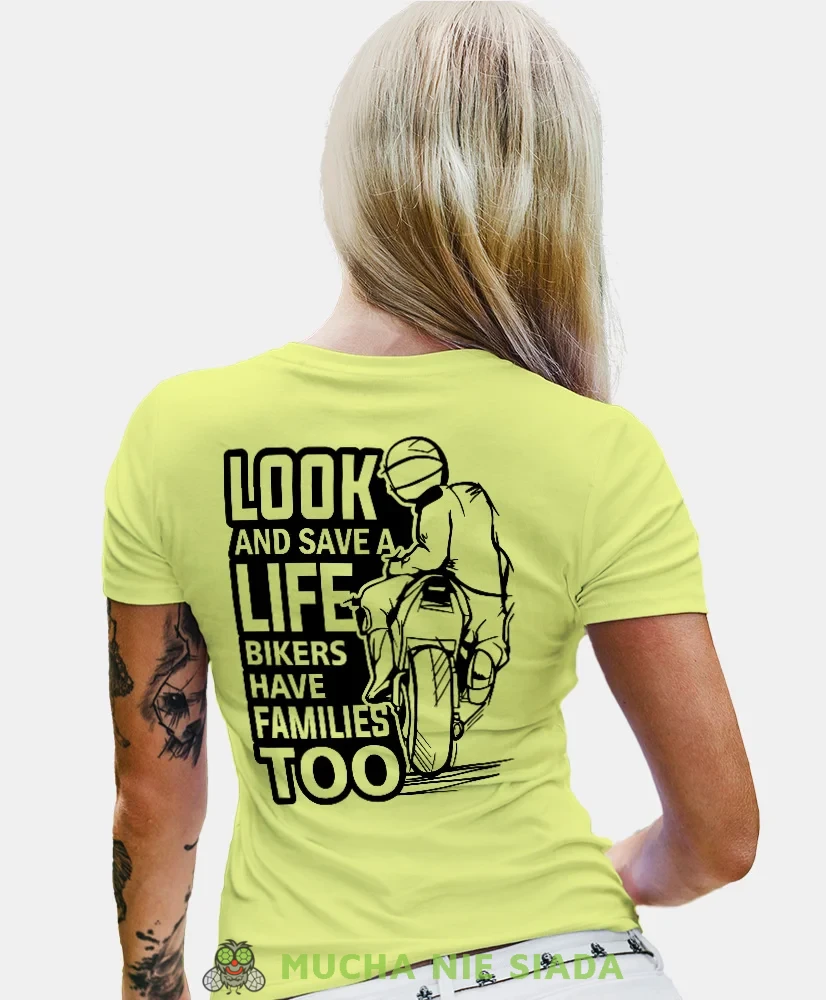 Look and save a life, żółta damska koszulka, koszulka motocyklowa, dla motocyklistki, koszulka na motocykl, dla miłośniczki motocykli, mucha nie siada.webp