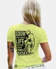 Look and save a life, żółta damska koszulka, koszulka motocyklowa, dla motocyklistki, koszulka na motocykl, dla miłośniczki motocykli, mucha nie siada.webp