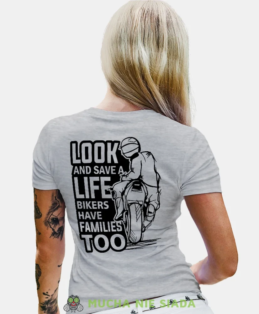 Look and save a life, szara damska koszulka, koszulka motocyklowa, dla motocyklistki, koszulka na motocykl, dla miłośniczki motocykli, mucha nie siada.webp