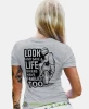 Look and save a life, szara damska koszulka, koszulka motocyklowa, dla motocyklistki, koszulka na motocykl, dla miłośniczki motocykli, mucha nie siada.webp