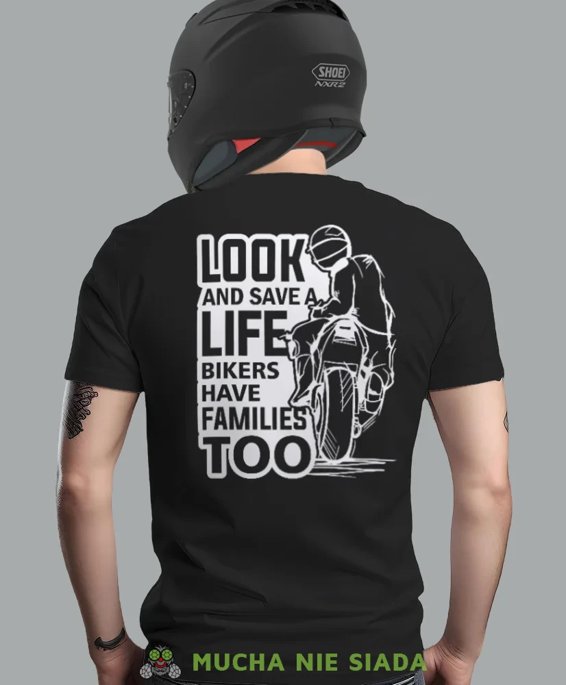 Look and save a life, czarna męska koszulka, koszulka dla motocyklisty, koszulki na motocykl, koszulka na motocykl, męska koszulka na motocykl na prezent dla miłośnika.webp