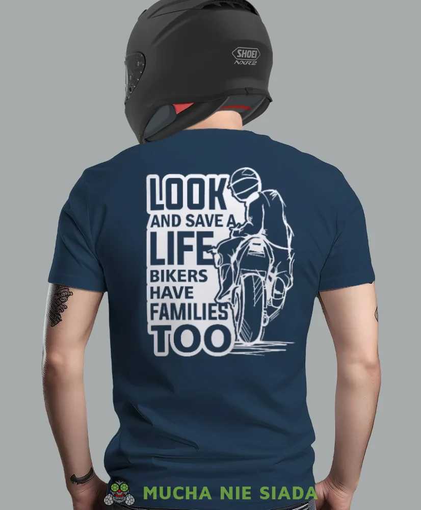Look and save a life, granatowa męska koszulka, koszulka dla motocyklisty, koszulki na motocykl, koszulka na motocykl, męska koszulka na motocykl na prezent dla miłośn.webp