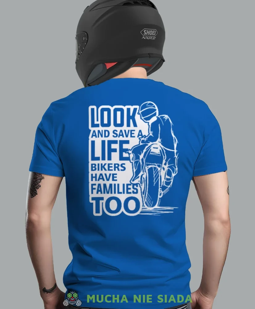 Look and save a life, niebieska męska koszulka, koszulka dla motocyklisty, koszulki na motocykl, koszulka na motocykl, męska koszulka na motocykl na prezent dla miłośn.webp