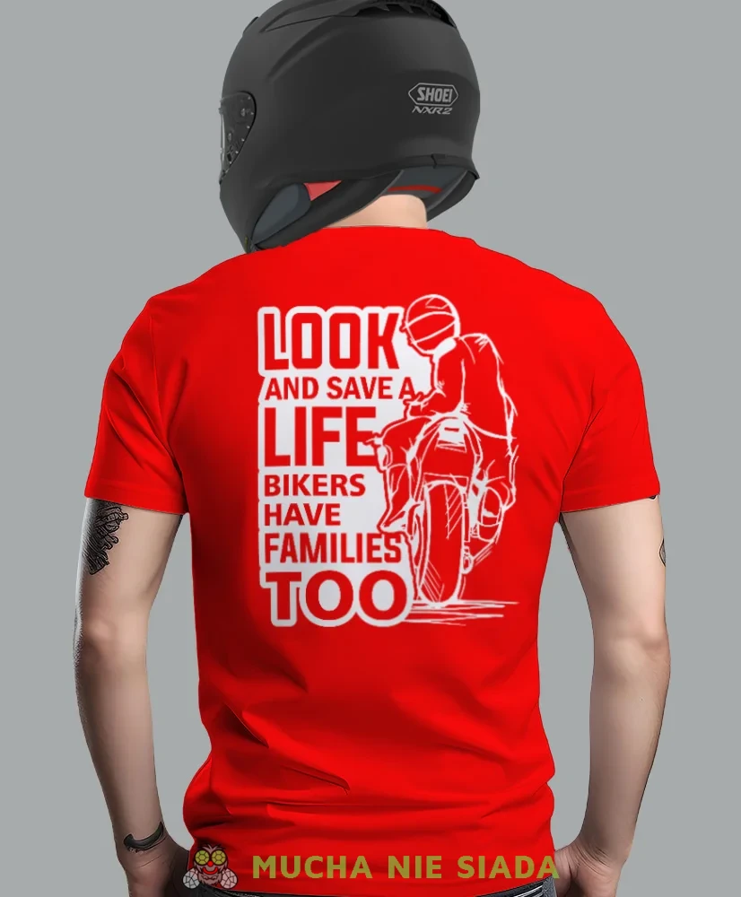 Look and save a life, czerwona męska koszulka, koszulka dla motocyklisty, koszulki na motocykl, koszulka na motocykl, męska koszulka na motocykl na prezent dla miłośni.webp