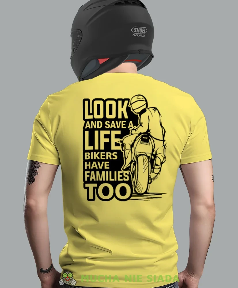 Look and save a life, żółta męska koszulka, koszulka dla motocyklisty, koszulki na motocykl, koszulka na motocykl, męska koszulka na motocykl na prezent dla miłośnika .webp