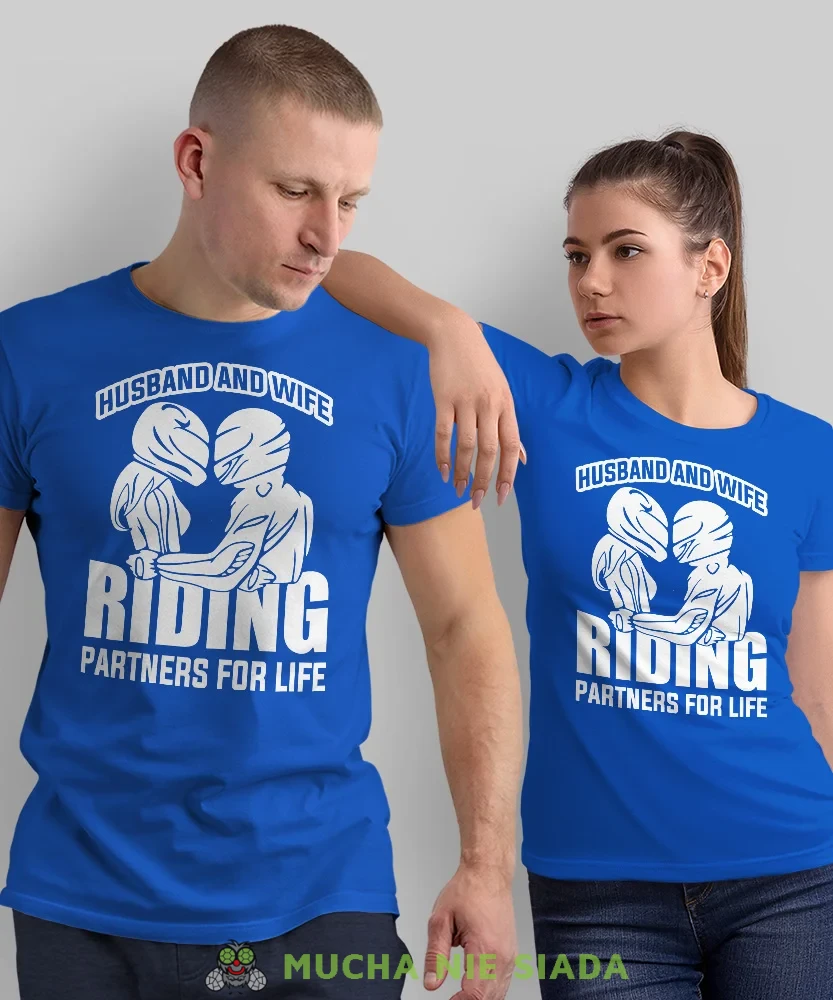 Husband and wife Riding partners for life, niebieska koszulki dla par, dla motocyklistów, na motocykl, dla motocyklisty, dla motocyklistki, koszulkimotocyklowe, dla par, mucha nie siada, mns.webp