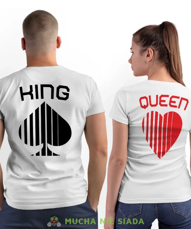 Queen kier King pik, białe koszulki dla par, dla męża, dla żony, dla chłopaka, dla dziewczyny, dla zakochanych, dla par, walentynki, fajne koszulki, t-shirty dla par, mucha nie siada, mns.webp