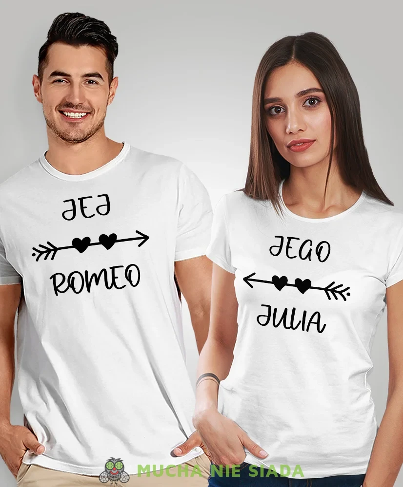 Jego Julia Jej Romeo, biała koszulki dla par, dla męża, dla żony, dla chłopaka, dla dziewczyny, dla zakochanych, dla par, walentynki, fajne koszulki, t-shirty dla par, mucha nie siada, mns.webp