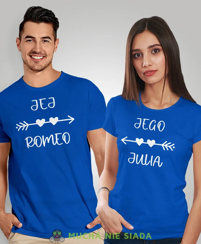 Jego Julia Jej Romeo, niebieska koszulki dla par, dla męża, dla żony, dla chłopaka, dla dziewczyny, dla zakochanych, dla par, walentynki, fajne koszulki, t-shirty dla par, mucha nie siada, mns.webp