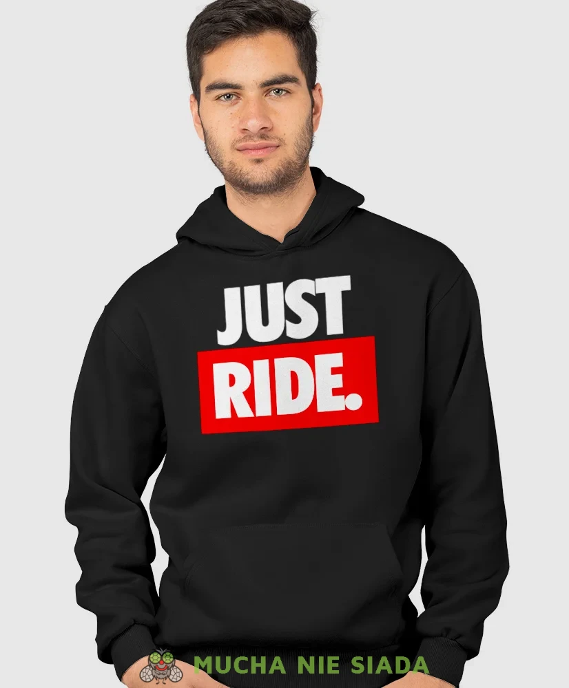 Just Ride, czarna bluza z kapturem, bluza dla motocyklisty, bluzy na motocykl, bluza z kapturem na motocykl, męska bluza na motocykl, dla miłośnika motocykli, mucha nie s.webp