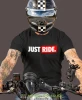 Just Ride małe logo, czarna męska koszulka, koszulka dla motocyklisty, koszulki na motocykl, koszulka na motocykl, męska koszulka na motocykl na prezent dla miłośnika .webp