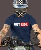 Just Ride małe logo, granatowa męska koszulka, koszulka dla motocyklisty, koszulki na motocykl, koszulka na motocykl, męska koszulka na motocykl na prezent dla miłośni.webp