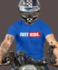 Just Ride małe logo, niebieska męska koszulka, koszulka dla motocyklisty, koszulki na motocykl, koszulka na motocykl, męska koszulka na motocykl na prezent dla miłośni.webp