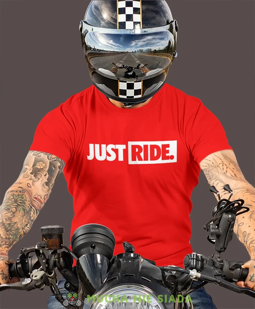 Just Ride małe logo, czerwona męska koszulka, koszulka dla motocyklisty, koszulki na motocykl, koszulka na motocykl, męska koszulka na motocykl na prezent dla miłośnik.webp