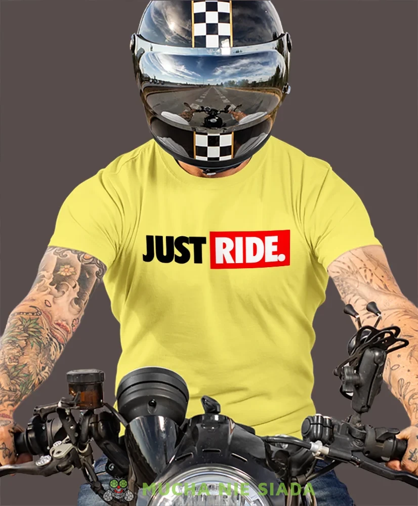 Just Ride małe logo, żółta męska koszulka, koszulka dla motocyklisty, koszulki na motocykl, koszulka na motocykl, męska koszulka na motocykl na prezent dla miłośnika m.webp