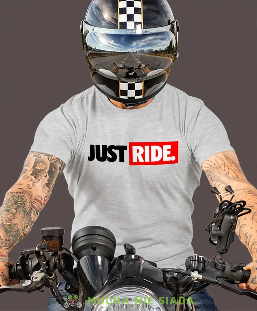 Just Ride małe logo, szara męska koszulka, koszulka dla motocyklisty, koszulki na motocykl, koszulka na motocykl, męska koszulka na motocykl na prezent dla miłośnika motocykli.webp