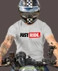 Just Ride małe logo, szara męska koszulka, koszulka dla motocyklisty, koszulki na motocykl, koszulka na motocykl, męska koszulka na motocykl na prezent dla miłośnika motocykli.webp