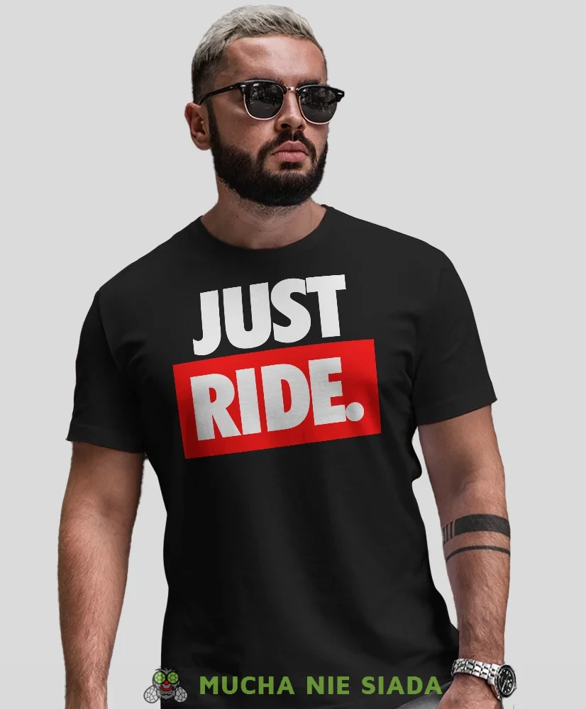 Just Ride duże logo, czarna męska koszulka, koszulka dla motocyklisty, koszulki na motocykl, koszulka na motocykl, męska koszulka na prezent dla miłośnika motocykli.webp