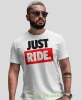 Just Ride duże logo, biała męska koszulka, koszulka dla motocyklisty, koszulki na motocykl, koszulka na motocykl, męska koszulka na prezent dla miłośnika motocykli.webp