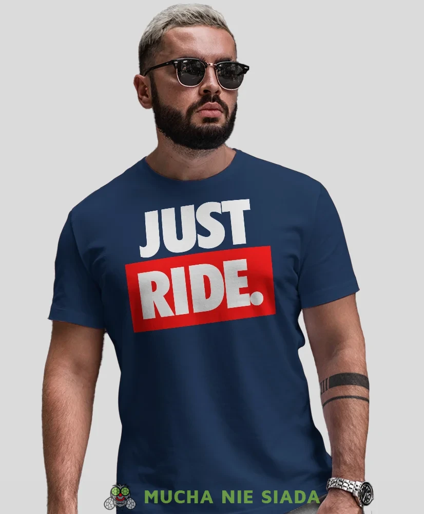 Just Ride duże logo, granatowa męska koszulka, koszulka dla motocyklisty, koszulki na motocykl, koszulka na motocykl, męska koszulka dla miłośnika motocyk.webp