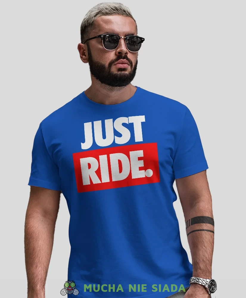 Just Ride duże logo, niebieska męska koszulka, koszulka dla motocyklisty, koszulki na motocykl, koszulka na motocykl, koszulka na prezent dla miłośnika motocyk.webp