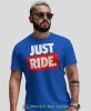 Just Ride duże logo, niebieska męska koszulka, koszulka dla motocyklisty, koszulki na motocykl, koszulka na motocykl, koszulka na prezent dla miłośnika motocyk.webp