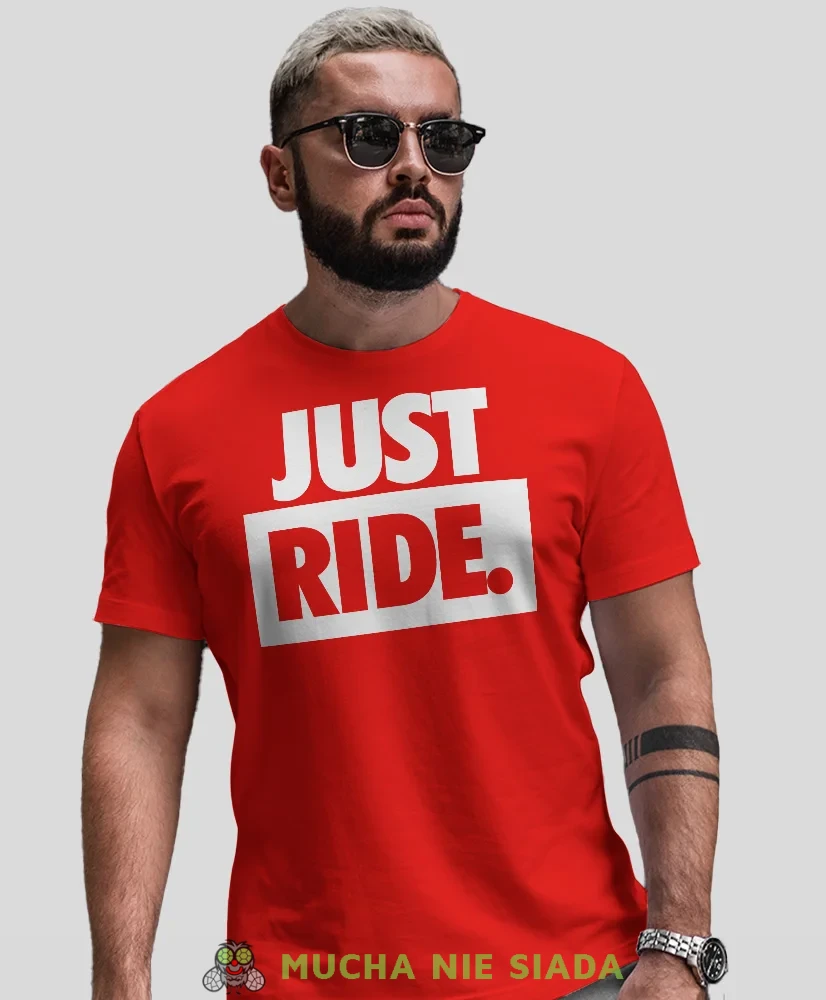 Just Ride duże logo, czerwona męska koszulka, koszulka dla motocyklisty, koszulki na motocykl, koszulka na motocykl, na prezent dla miłośnika motocykl.webp