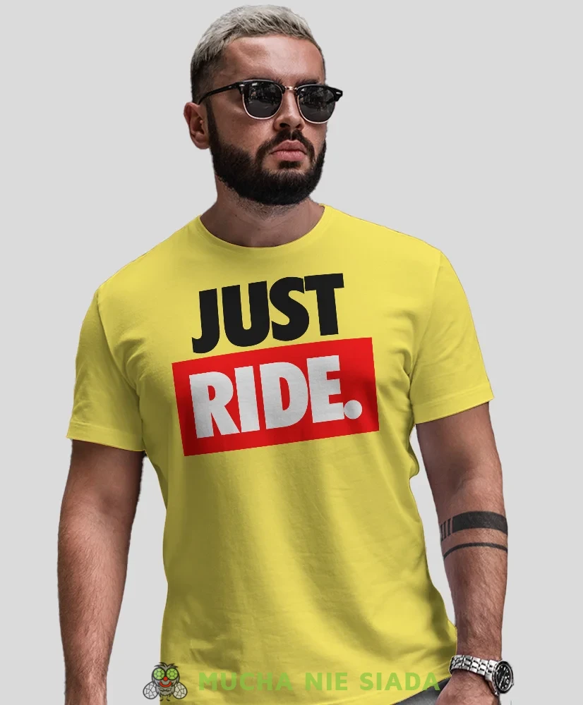 Just Ride duże logo, żółta męska koszulka, koszulka dla motocyklisty, koszulki na motocykl, koszulka na motocykl, na prezent dla miłośnika motocykli.webp