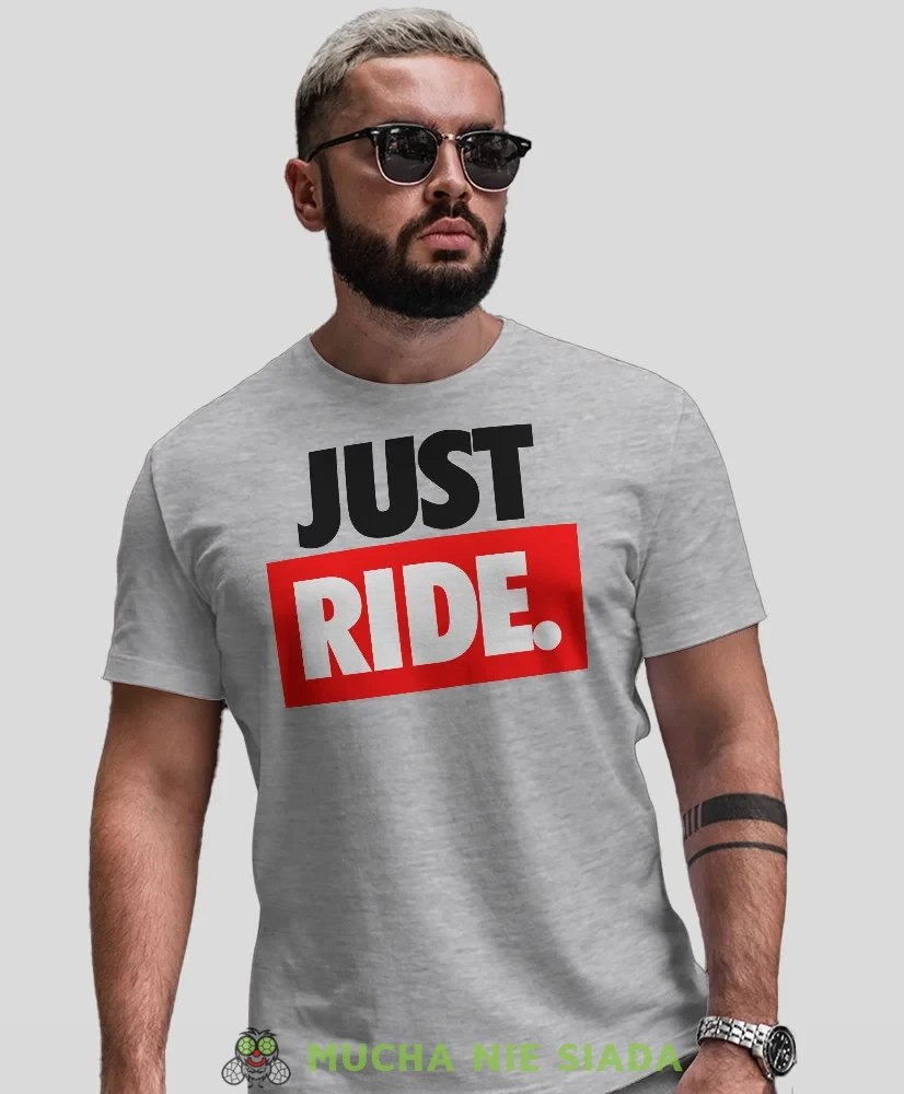 Just Ride duże logo, szara męska koszulka, koszulka dla motocyklisty, koszulki na motocykl, koszulka na motocykl, na prezent dla miłośnika motocykli.webp