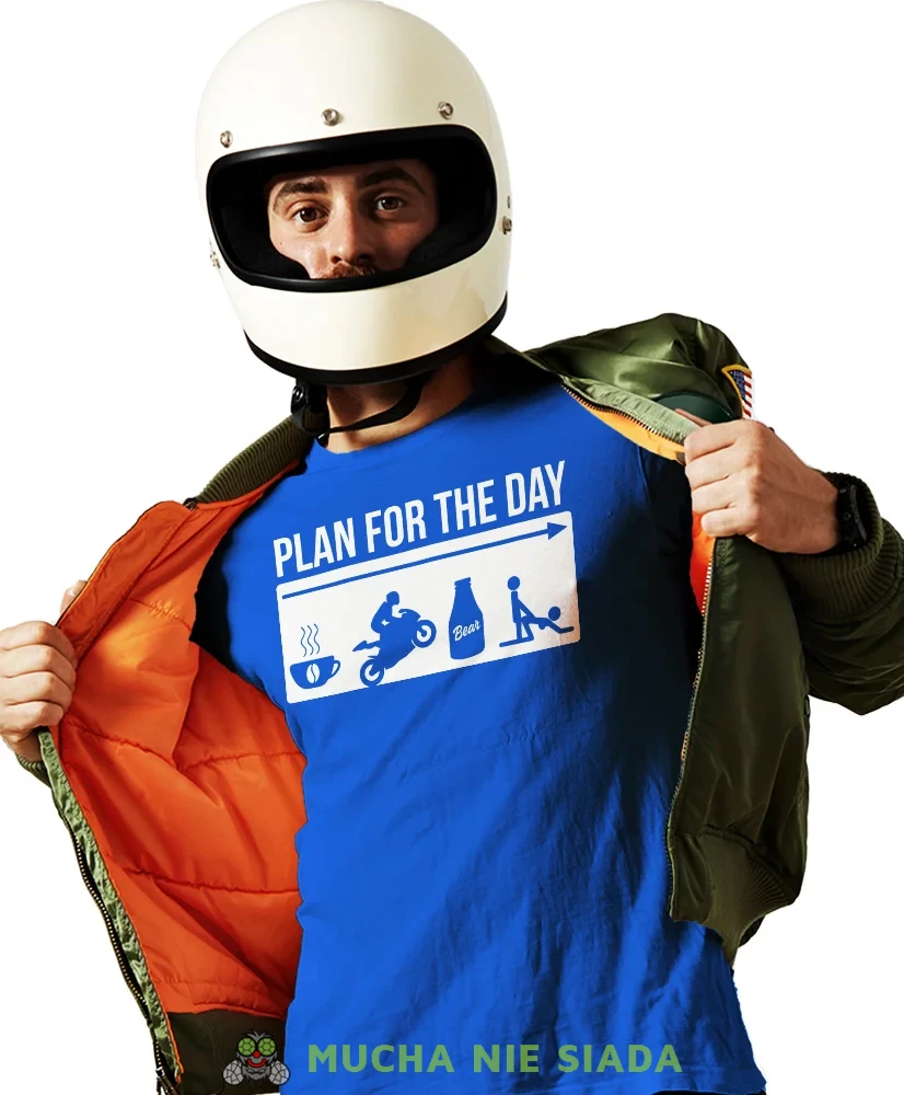 Plan for the day, niebieska męska koszulka, koszulka dla motocyklisty, koszulki na motocykl, koszulka na motocykl, męska koszulka na motocykl na prezent dla miłośnika .webp