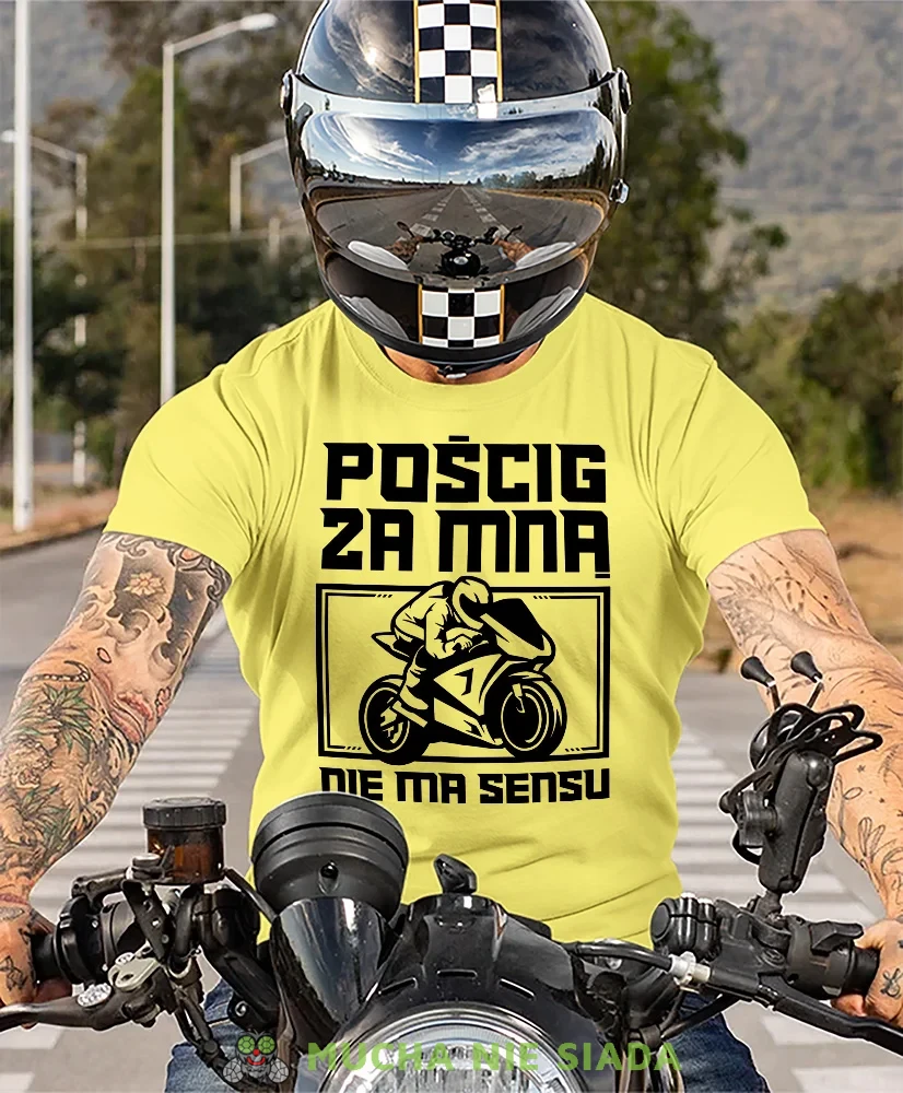 Pościg za mną nie ma sensu, żółta męska koszulka, koszulka dla motocyklisty, koszulki na motocykl, koszulka na motocykl, męska koszulka na motocykl na prezent dla miło.webp