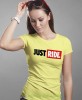 Just Ride małe logo, żółta damska koszulka, koszulka motocyklowa, dla motocyklistki, koszulka na motocykl, dla miłośniczki motocykli, mucha nie siada.jpg