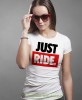 Just Ride duże logo, biała damska koszulka, koszulka motocyklowa, dla motocyklistki, koszulka na motocykl, dla miłośniczki motocykli, mucha nie siada.jpg