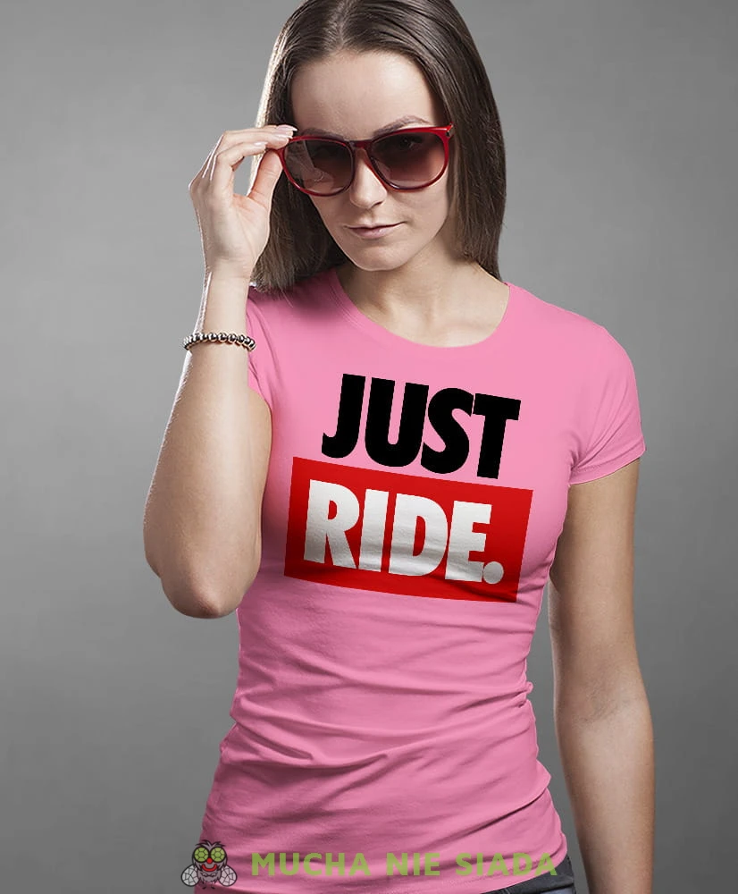Just Ride duże logo, różowa damska koszulka, koszulka motocyklowa, dla motocyklistki, koszulka na motocykl, dla miłośniczki motocykli, mucha nie siada.jpg