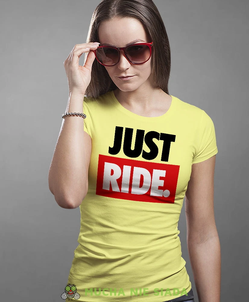 Just Ride duże logo, żółta damska koszulka, koszulka motocyklowa, dla motocyklistki, koszulka na motocykl, dla miłośniczki motocykli, mucha nie siada.jpg